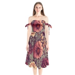 Flowers Pattern Shoulder Tie Bardot Midi Dress by Simbadda