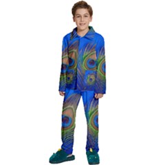 Blue Peacock Feather Kids  Long Sleeve Velvet Pajamas Set by Amaryn4rt