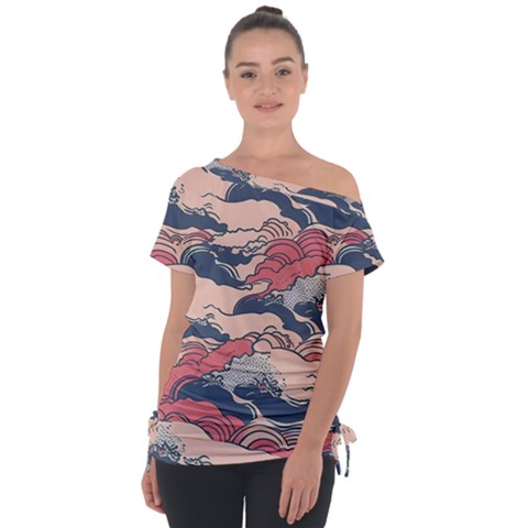 Waves Ocean Sea Water Pattern Rough Seas Off Shoulder Tie-up Tee by Wegoenart