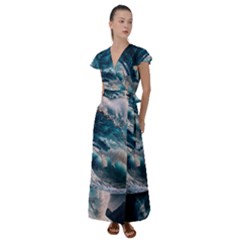 Tsunami Waves Ocean Sea Water Rough Seas Flutter Sleeve Maxi Dress by Wegoenart