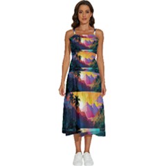 Ai Generated Tropical Island Sunset Landscape Sleeveless Shoulder Straps Boho Dress by Wegoenart