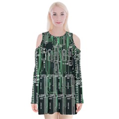 Printed Circuit Board Circuits Velvet Long Sleeve Shoulder Cutout Dress by Celenk