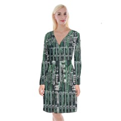 Printed Circuit Board Circuits Long Sleeve Velvet Front Wrap Dress by Celenk