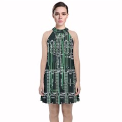 Printed Circuit Board Circuits Velvet Halter Neckline Dress  by Celenk