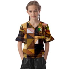 Abstract Experimental Geometric Shape Pattern Kids  V-neck Horn Sleeve Blouse by Uceng