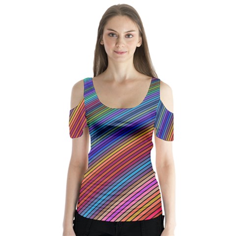 Multicolored Stripe Curve Striped Background Butterfly Sleeve Cutout Tee  by Uceng