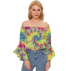 Fractal Spiral Abstract Background Vortex Yellow Off Shoulder Flutter Bell Sleeve Top by Uceng