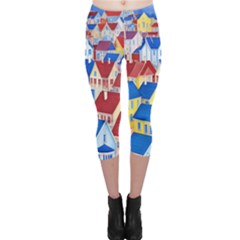 City Houses Cute Drawing Landscape Village Capri Leggings  by Uceng