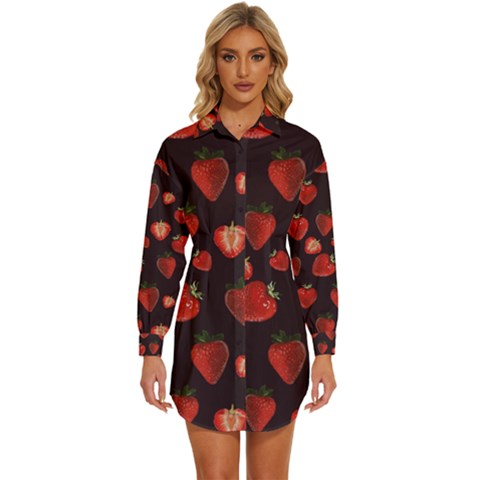 Watercolor Strawberry Womens Long Sleeve Shirt Dress by SychEva