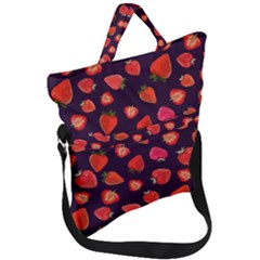 Strawberry On Black Fold Over Handle Tote Bag by SychEva