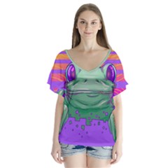 Frog Animal Sun Amphibian Figure Digital Art V-neck Flutter Sleeve Top by Wegoenart