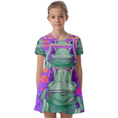 Frog Animal Sun Amphibian Figure Digital Art Kids  Short Sleeve Pinafore Style Dress by Wegoenart