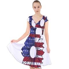 Us Flag Flower Sunshine Flag America Usa Cap Sleeve Front Wrap Midi Dress by Wegoenart