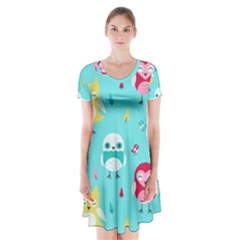 Owls Owl Bird Cute Animal Art Vector  Pattern Colorful Short Sleeve V-neck Flare Dress by Salman4z