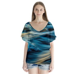 Waves Wave Water Blue Sea Ocean Abstract V-neck Flutter Sleeve Top by Salman4z