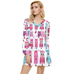 Owl Pattern Tiered Long Sleeve Mini Dress by Salman4z