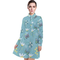 Butterflies Flowers Blue Background Spring Pattern Long Sleeve Chiffon Shirt Dress by Ravend