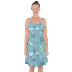 Butterflies Flowers Blue Background Spring Pattern Ruffle Detail Chiffon Dress by Ravend