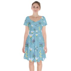 Butterflies Flowers Blue Background Spring Pattern Short Sleeve Bardot Dress by Ravend