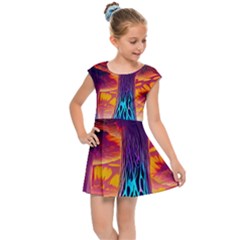 Sci-fi Fantasy Art Painting Colorful Pattern Kids  Cap Sleeve Dress by Ravend