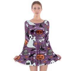 Pumpkin Ghost Witch Hat Halloween Sketch Holiday Long Sleeve Skater Dress by Ravend