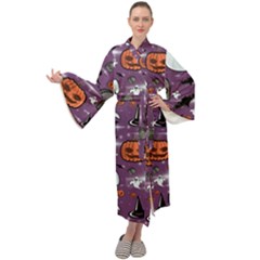 Pumpkin Ghost Witch Hat Halloween Sketch Holiday Maxi Velvet Kimono by Ravend