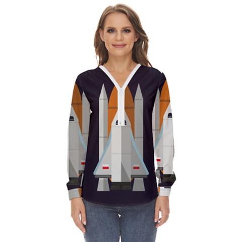 Rocket Space Universe Spaceship Zip Up Long Sleeve Blouse by Salman4z