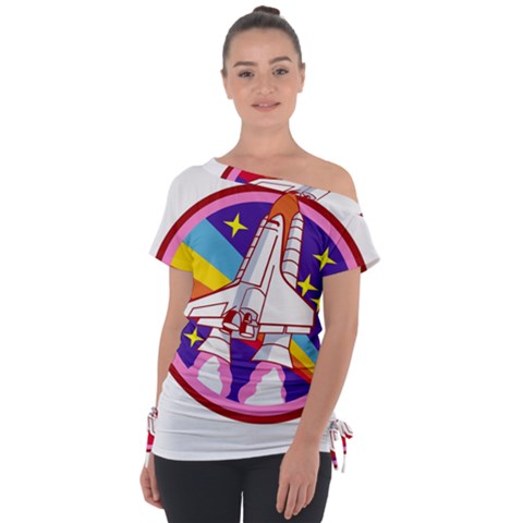 Badge Patch Pink Rainbow Rocket Off Shoulder Tie-up Tee by Salman4z