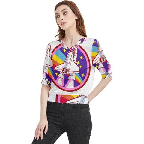 Badge Patch Pink Rainbow Rocket Quarter Sleeve Blouse by Salman4z