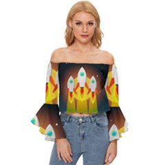 Rocket Take Off Missiles Cosmos Off Shoulder Flutter Bell Sleeve Top by Salman4z