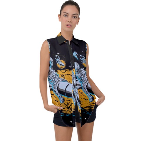 Astronaut Planet Space Science Sleeveless Chiffon Button Shirt by Salman4z