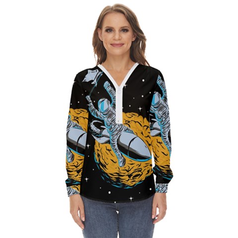 Astronaut Planet Space Science Zip Up Long Sleeve Blouse by Salman4z