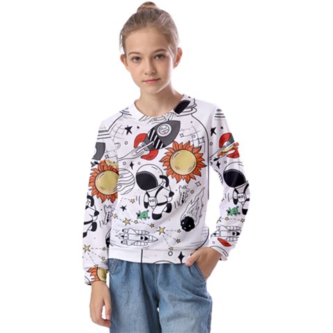 Astronaut Drawing Planet Kids  Long Sleeve Tee With Frill  by Salman4z