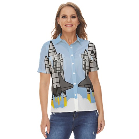 Rocket Shuttle Spaceship Science Women s Short Sleeve Double Pocket Shirt by Salman4z