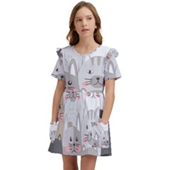 Cute Cats Seamless Pattern Kids  Frilly Sleeves Pocket Dress by Salman4z