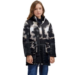 City Night Moon Skyline Skyscraper Kids  Hooded Longline Puffer Jacket by Salman4z