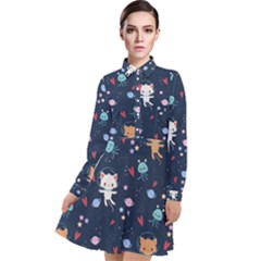 Cute Astronaut Cat With Star Galaxy Elements Seamless Pattern Long Sleeve Chiffon Shirt Dress by Salman4z