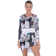 Cute Cat Hand Drawn Cartoon Style Asymmetric Cut-out Shift Dress by Salman4z