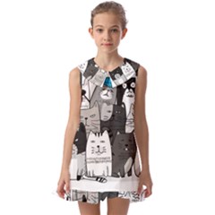 Cute Cat Hand Drawn Cartoon Style Kids  Pilgrim Collar Ruffle Hem Dress by Salman4z