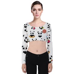 Playing Panda Cartoon Velvet Long Sleeve Crop Top by Salman4z