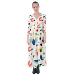 Vector Set Isolates With Cute Birds Scandinavian Style Button Up Maxi Dress by Salman4z