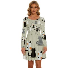 Cute Cat Seamless Pattern Long Sleeve Wide Neck Velvet Dress by Salman4z