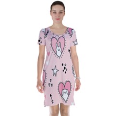 Cartoon Cute Valentines Day Doodle Heart Love Flower Seamless Pattern Vector Short Sleeve Nightdress by Salman4z