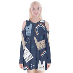 Colorful Cute Cat Seamless Pattern Velvet Long Sleeve Shoulder Cutout Dress by Salman4z