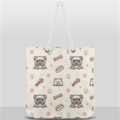 Pug Dog Cat With Bone Fish Bones Paw Prints Ball Seamless Pattern Vector Background Full Print Rope Handle Tote (large) by Salman4z