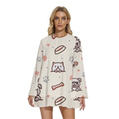 Pug Dog Cat With Bone Fish Bones Paw Prints Ball Seamless Pattern Vector Background Round Neck Long Sleeve Bohemian Style Chiffon Mini Dress by Salman4z