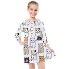 Cat Kitten Seamless Pattern Kids  Quarter Sleeve Shirt Dress by Salman4z