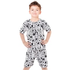 Seamless-pattern-with-black-white-doodle-dogs Kids  Tee And Shorts Set by Salman4z