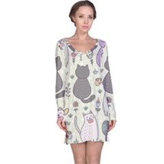 Funny Cartoon Cats Seamless Pattern Long Sleeve Nightdress by Salman4z