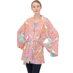 Cute-kawaii-kittens-seamless-pattern Long Sleeve Velvet Kimono  by Salman4z